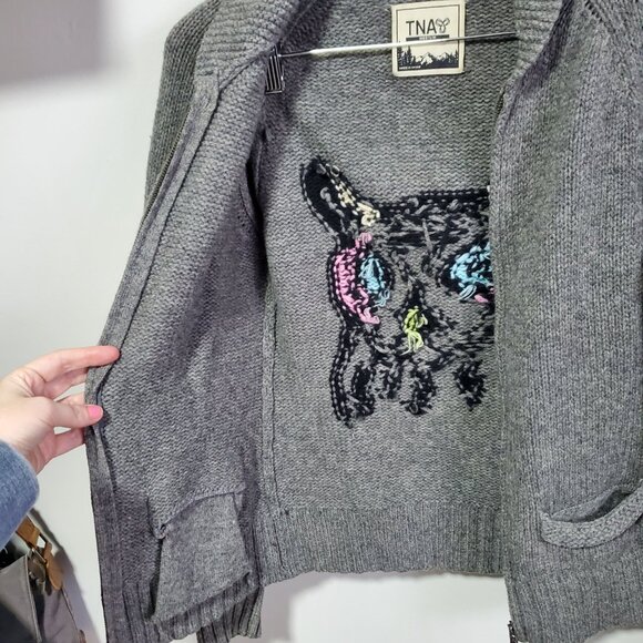 TNA Aritzia Lambswool Knit Pixelated Owl Sweater Cardigan Grey Women's Medium - Picture 9 of 15